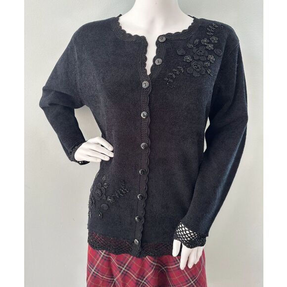 Vintage Black Beaded Embellished Chenille Knit Cardigan Sweater size M - Picture 1 of 10
